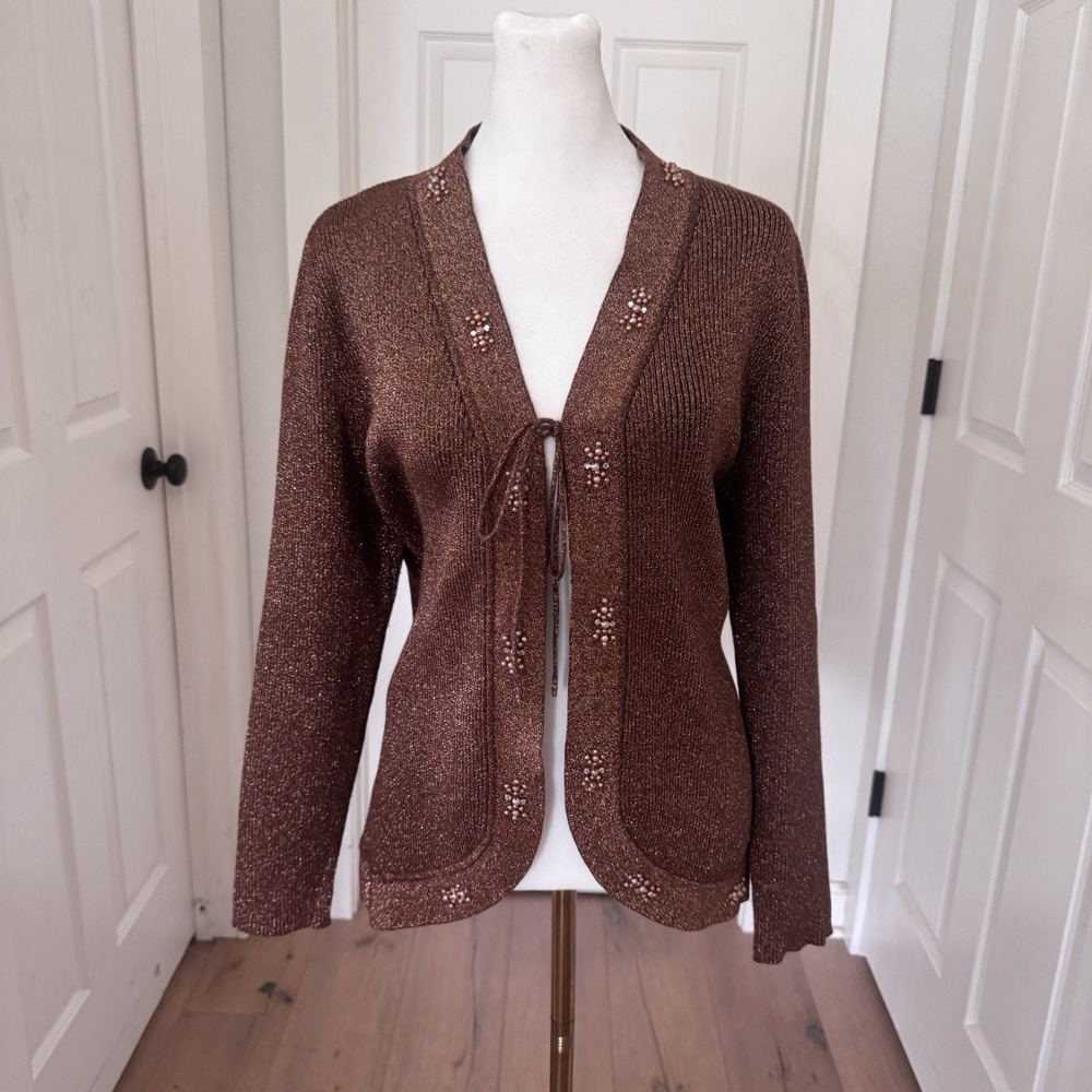 Vtg Y2K Open Knit Metallic Cardigan Sweater Top Rhinestones Sz L Long Sleeve‎